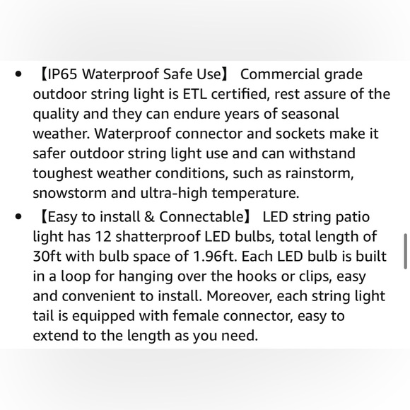 Outdoor String Lights 30ft LED String Lights 2700K Warm Patio Lights, IP… - Picture 12 of 13